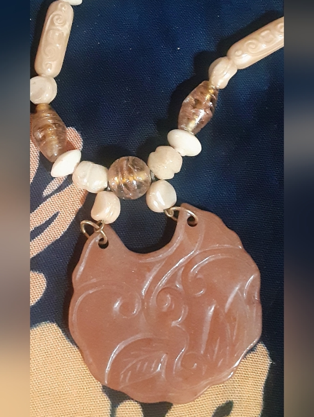 Peach MOONSTONE Pendant Necklace ~ Art Glass and Handcarved Bone Beads